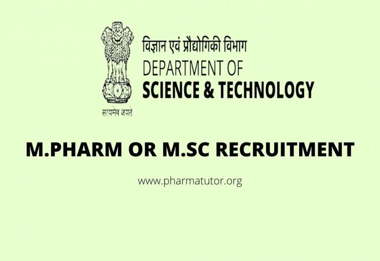 Opportunity for M.Pharm or M.Sc In the Research Project Sponsored by SERB