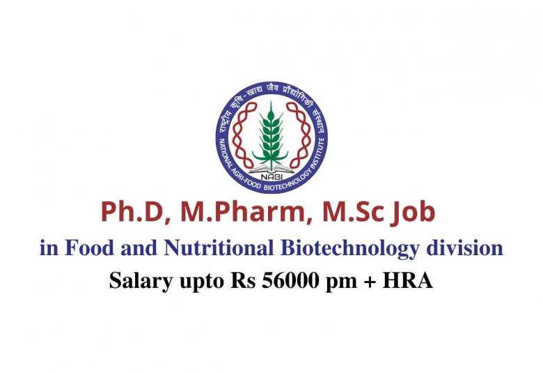 Ph.D, M.Pharm, M.Sc Job in Food and Nutritional Biotechnology division, NABI