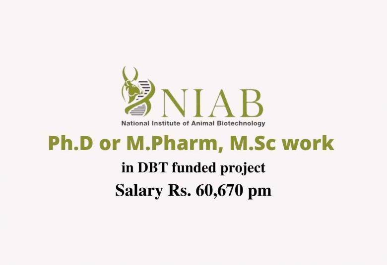 Ph.D or M.Pharm, M.Sc to work in DBT funded project at NIAB
