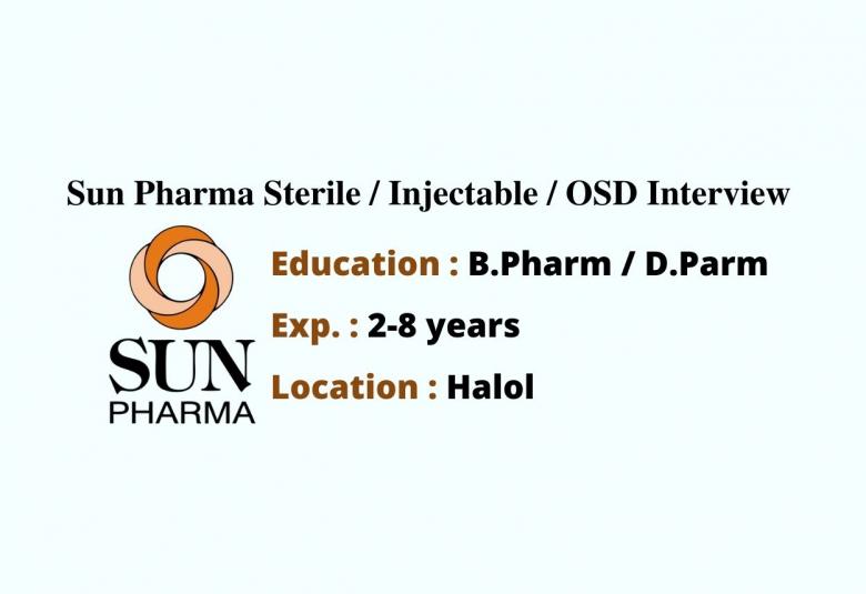 Walk in interview for B.Pharm, D.Pharm at Sun Pharma