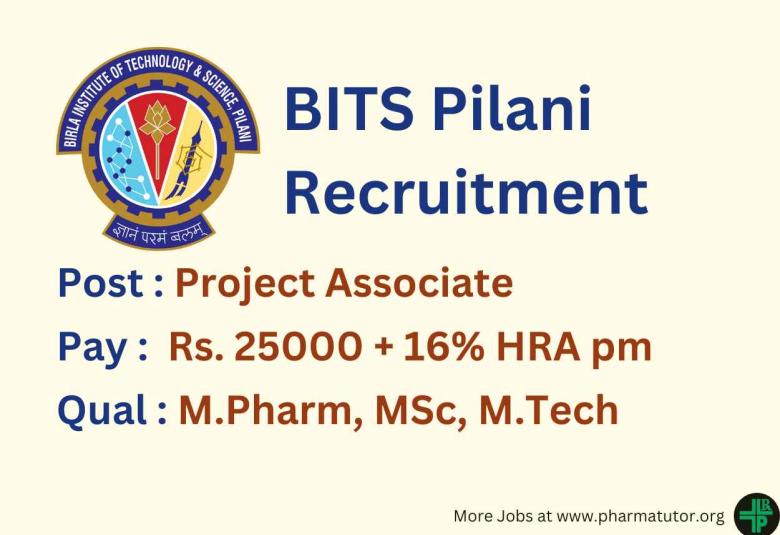 Recruitment for M.Pharm, MSc, M.Tech in SERB-POWER funded project at BITS Pilani
