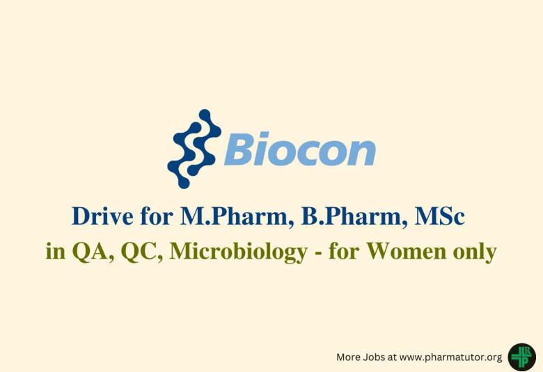 Walk in Drive for M.Pharm, B.Pharm, MSc in QA, QC, Microbiology at Biocon