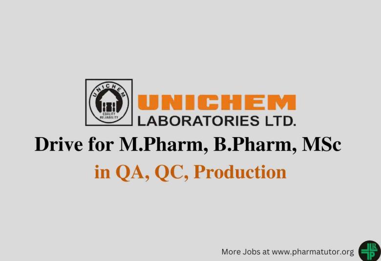 Walk in Drive for M.Pharm, B.Pharm, MSc in QA, QC, Production at Unichem Laboratories