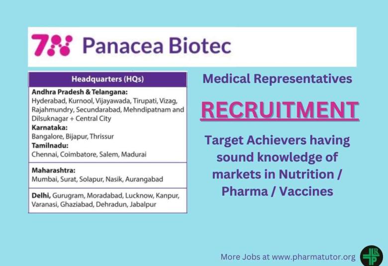 Walk in for Territory Business Manager (Medical Representatives) at Panacea Biotec