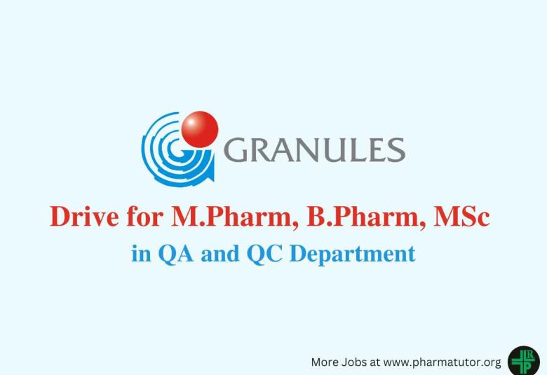 Walk in Drive for M.Pharm, B.Pharm, MSc in QA and QC at Granules India