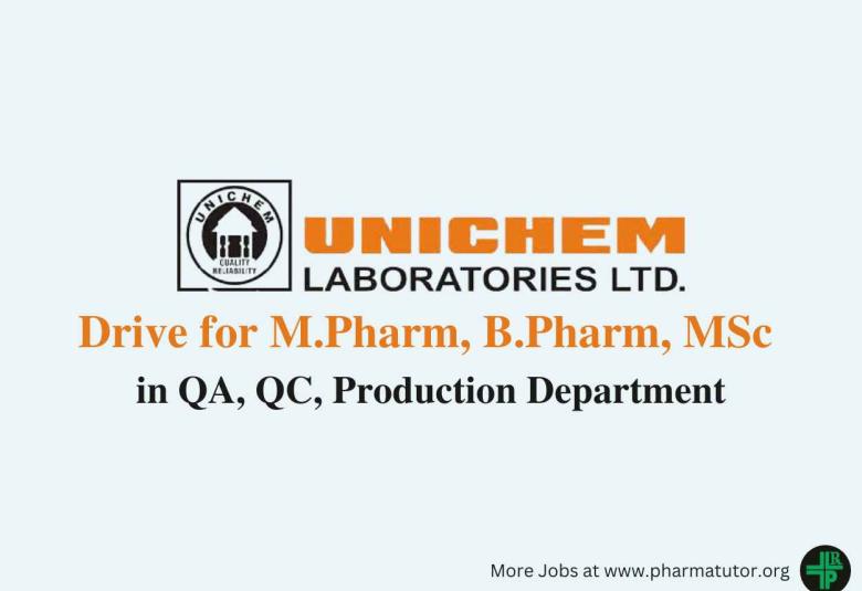 Walk in Drive for M.Pharm, B.Pharm, MSc in QA, QC, Production at Unichem Laboratories