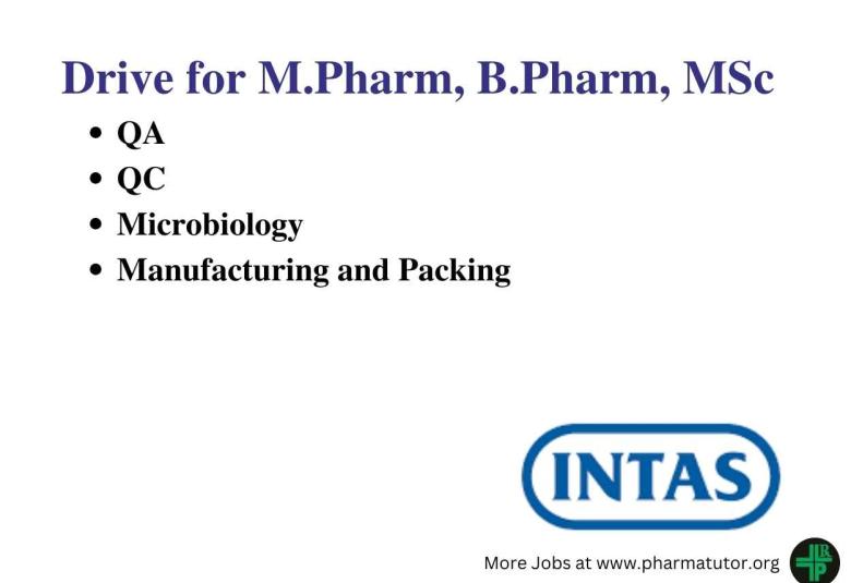 Walk In Drive for M.Pharm, B.Pharm, MSc in QA, QC, Microbiology, Manufacturing and Packing at Intas Pharma