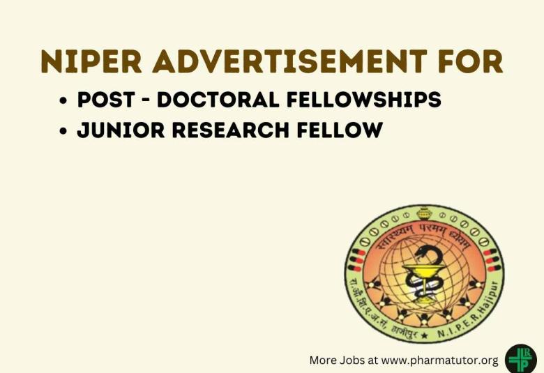 Advertisement for the post of Post-Doctoral Fellowships and Junior Research Fellow at NIPER