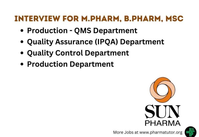 Interview for M.Pharm, B.Pharm, MSc in QA, QC, Production at Sun Pharma
