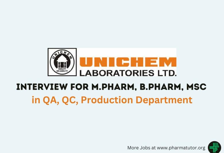 Walk in Drive for M.Pharm, B.Pharm, M.Sc in Production, QC, QA at Unichem Laboratories