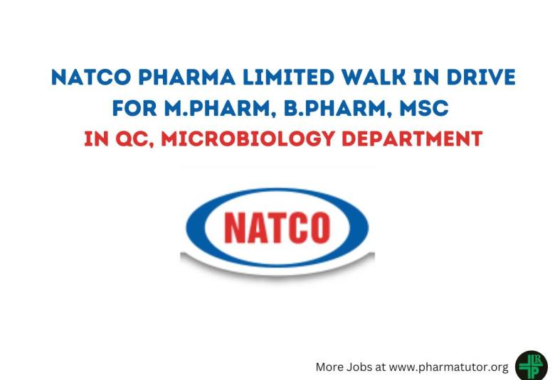Natco Pharma Limited Walk in Drive for M.Pharm, B.Pharm, MSc in QC, Microbiology