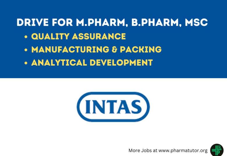 Intas Pharma Drive for M.Pharm, B.Pharm, MSc in QA, Manufacturing, Packing, Analytical Development