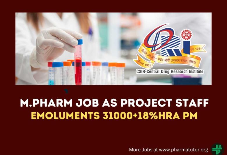 Vacancy for M.Pharm as Project Staff at Central Drug Research Institute