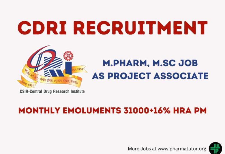 Vacancy for M.Pharm, M.Sc as Project Associate at Central Drug Research Institute