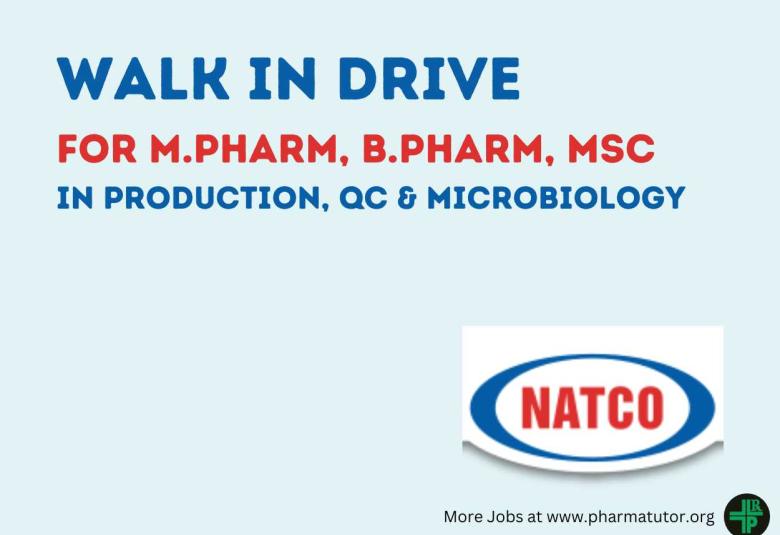 Natco Pharma Limited Walk in Drive for M.Pharm, B.Pharm, MSc in Production, QC & Microbiology