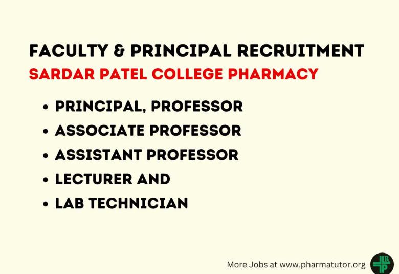 Sardar Patel College Pharmacy Hiring Principal and Pharma Faculty