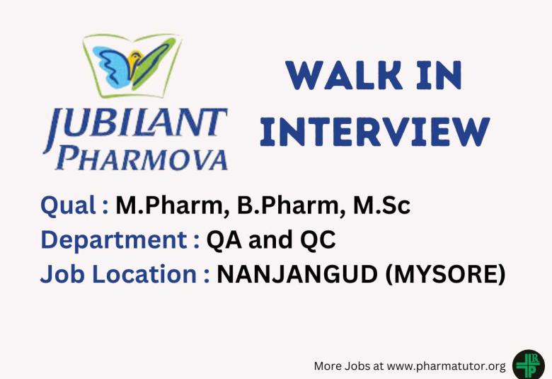 Walk In Drive for M.Pharm, B.Pharm, M.Sc in QA and QC at Jubilant Pharmova