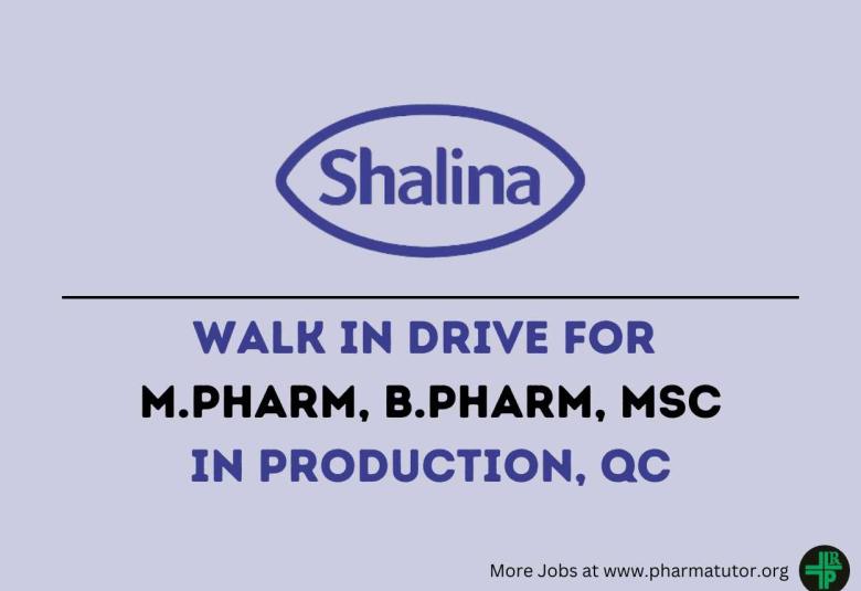 Walk In Drive for M.Pharm, B.Pharm, MSc in Production, QC at Shalina Laboratories