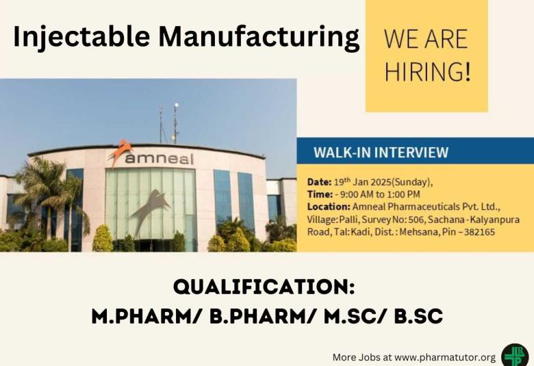 Amneal Pharmaceuticals is looking for candidates with relevant experience in injectable