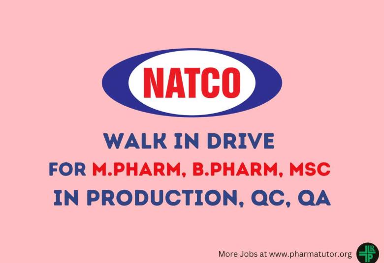 Natco Pharma Walk in Drive for M.Pharm, B.Pharm, MSc in Production, QC, QA