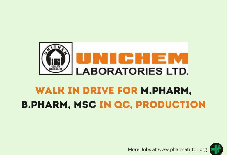 Walk in Drive for M.Pharm, B.Pharm, MSc in QC, Production at Unichem Laboratories 