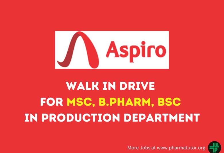 Aspiro Pharma Walk in Drive for MSc, B.Pharm, BSc in Production Department