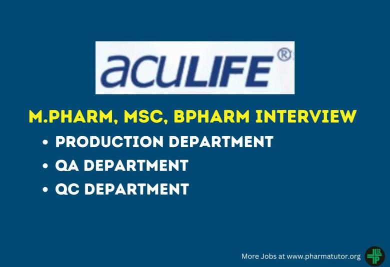Interview for M.Pharm, MSc, BPharm in Production, QA, QC Department at Aculife Healthcare