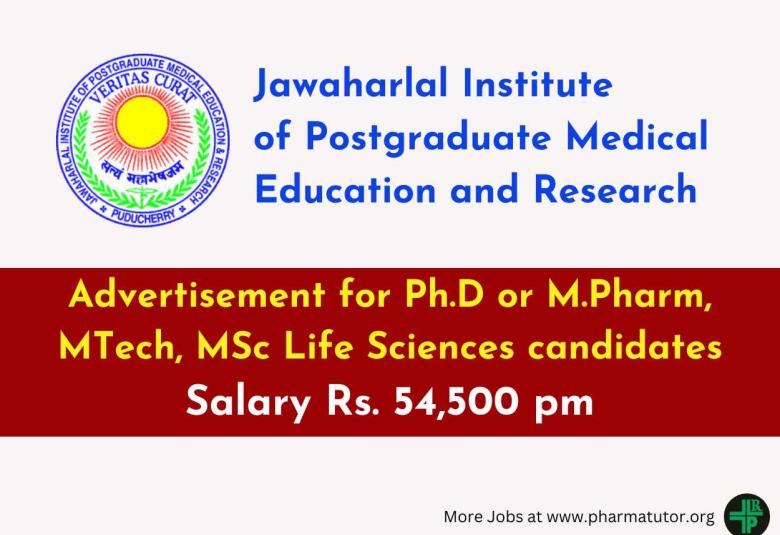 JIPMER Advertisement for Ph.D or M.Pharm, MTech, MSc Life Sciences candidates