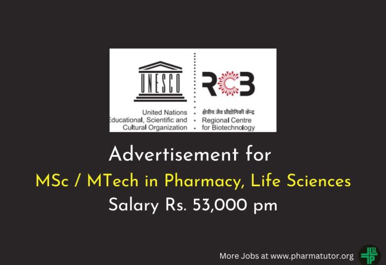 Advertisement for MSc / MTech in Pharmacy, Life Sciences at RCB