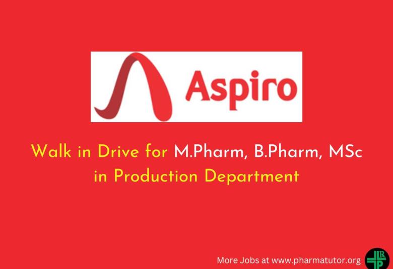 Aspiro Pharma Walk in Drive for M.Pharm, B.Pharm, MSc in Production