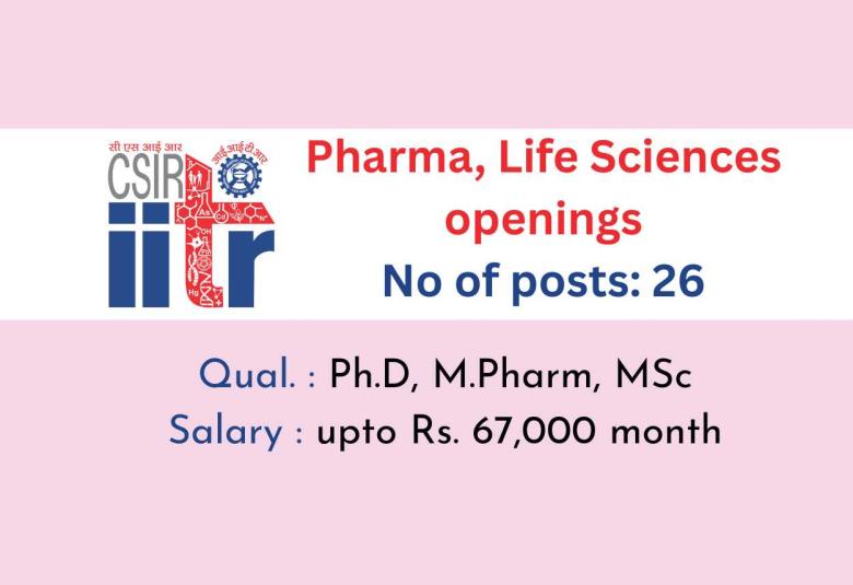 Openings for Ph.D, M.Pharm, MSc as Project Staff at IITR