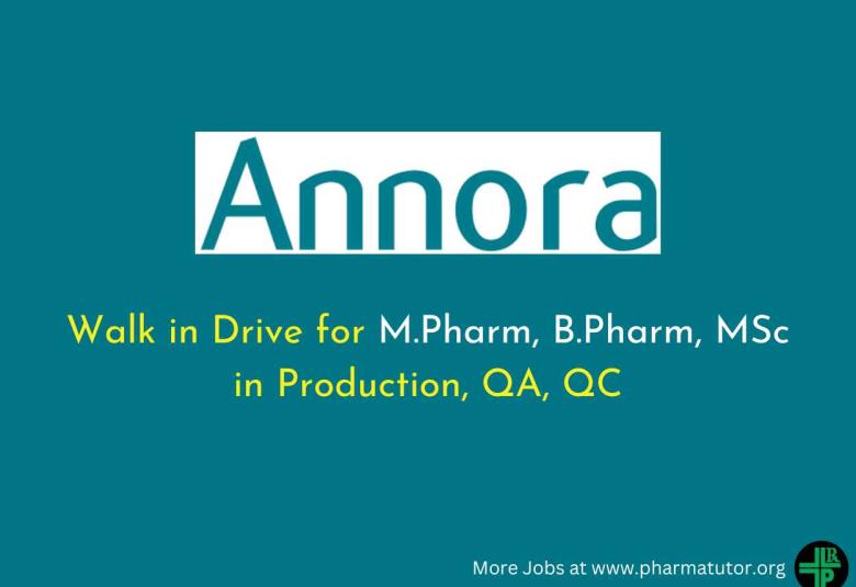 Walk in Drive for M.Pharm, B.Pharm, MSc in Production, QA, QC at ANNORA Pharma
