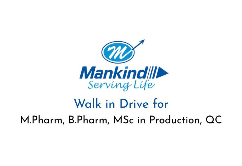 Walk in Drive for M.Pharm, B.Pharm, MSc in Production, QC at Mankind Pharma