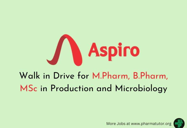 Aspiro Pharma Walk in Drive for M.Pharm, B.Pharm, MSc in Production and Microbiology