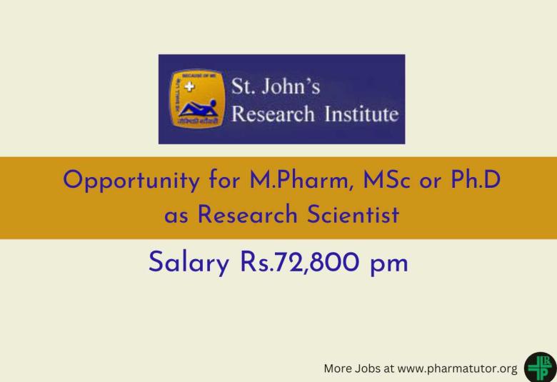 Opportunity for M.Pharm, MSc or Ph.D as Research Scientist at SJRI