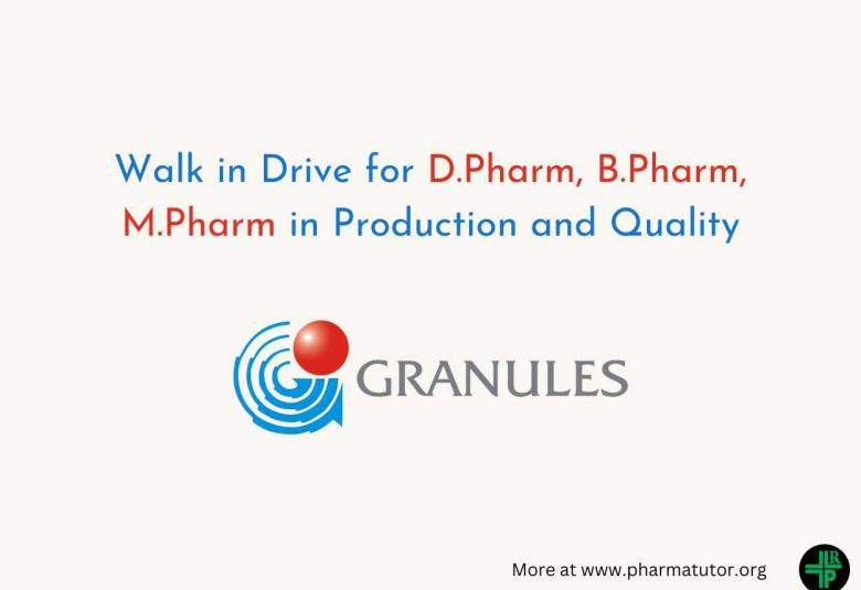 Walk in Drive for D.Pharm, B.Pharm, M.Pharm in Production and Quality at Granules India