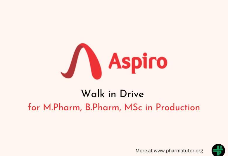 Walk in Drive for M.Pharm, B.Pharm, MSc in Production at Aspiro Pharma