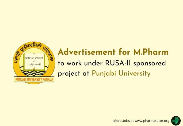 Advertisement for M.Pharm to work under RUSA-II sponsored project at Punjabi University