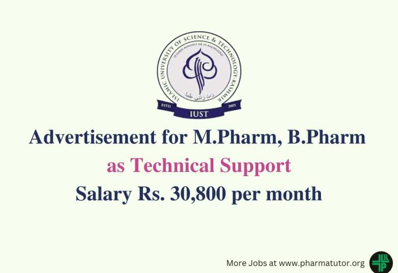 Advertisement for M.Pharm, B.Pharm as Technical Support at Islamic University of Science & Technology