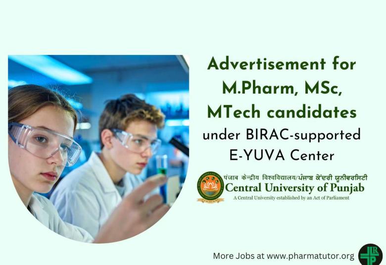 Advertisement for M.Pharm, MSc, MTech candidates under BIRAC-supported E-YUVA Center