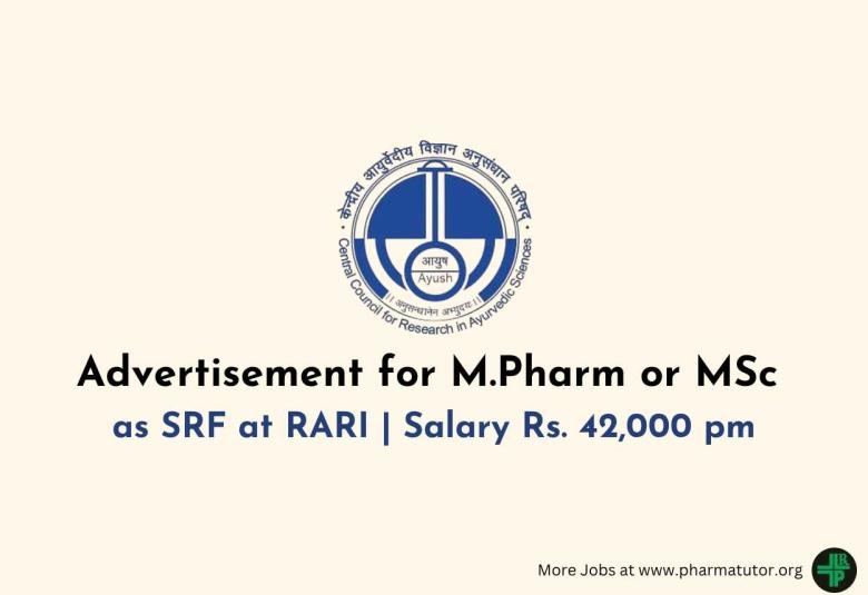Advertisement for M.Pharm or MSc as SRF at RARI