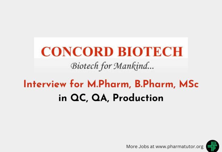 Interview for M.Pharm, B.Pharm, MSc in QC, QA, Production at Concord Biotech Limited