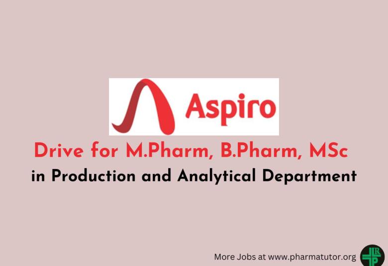 Walk in Drive for M.Pharm, B.Pharm, MSc in Production and Analytical Department at Aspiro Pharma