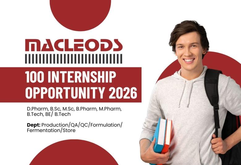 Macleods Pharmaceuticals Ltd. hiring Interns in Production/ QA/ QC/ Formulation/ Fermentation/ Store | 100 posts for DPharm, BPharm, M.Pharm, MSc