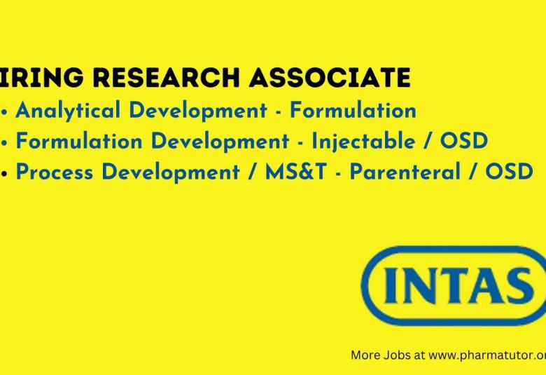 Intas Pharma Hiring Research Associate