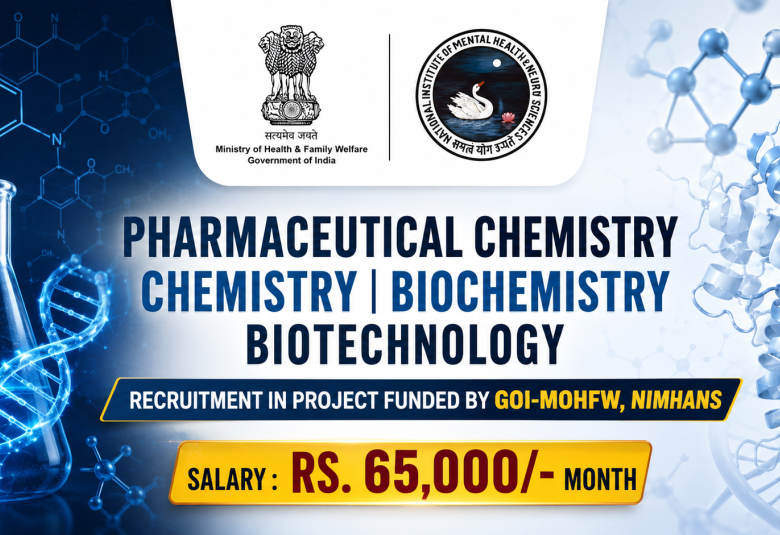 Pharmaceutical Chemistry, Chemistry, Biochemistry, Biotechnology Recruitment in Project funded by GOI-MOHFW, NIMHANS