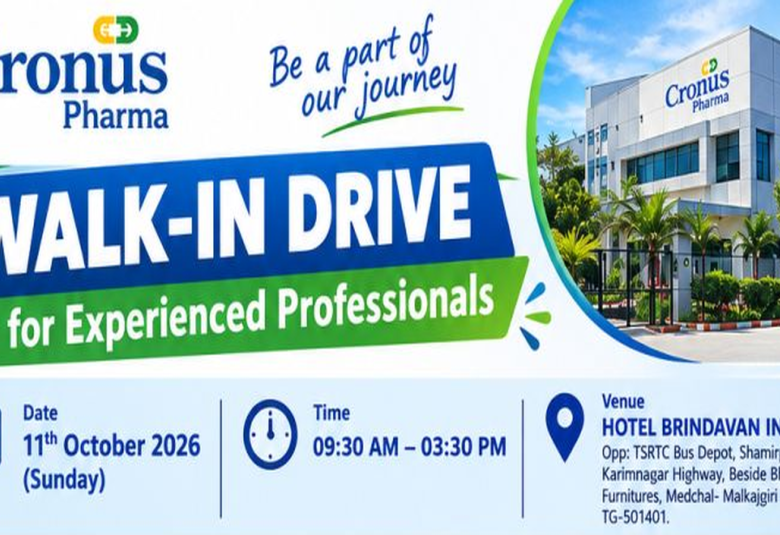 Walk In Drive for Experienced Professionals in Production, Analytical R&D, QC at Cronus Pharma