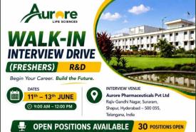 Walk in Drive R&D Freshers at Aurore Life Sciences