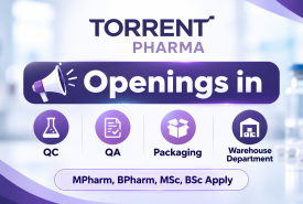 Openings in QC, QA, Packaging & Warehouse Department at Torrent Pharma