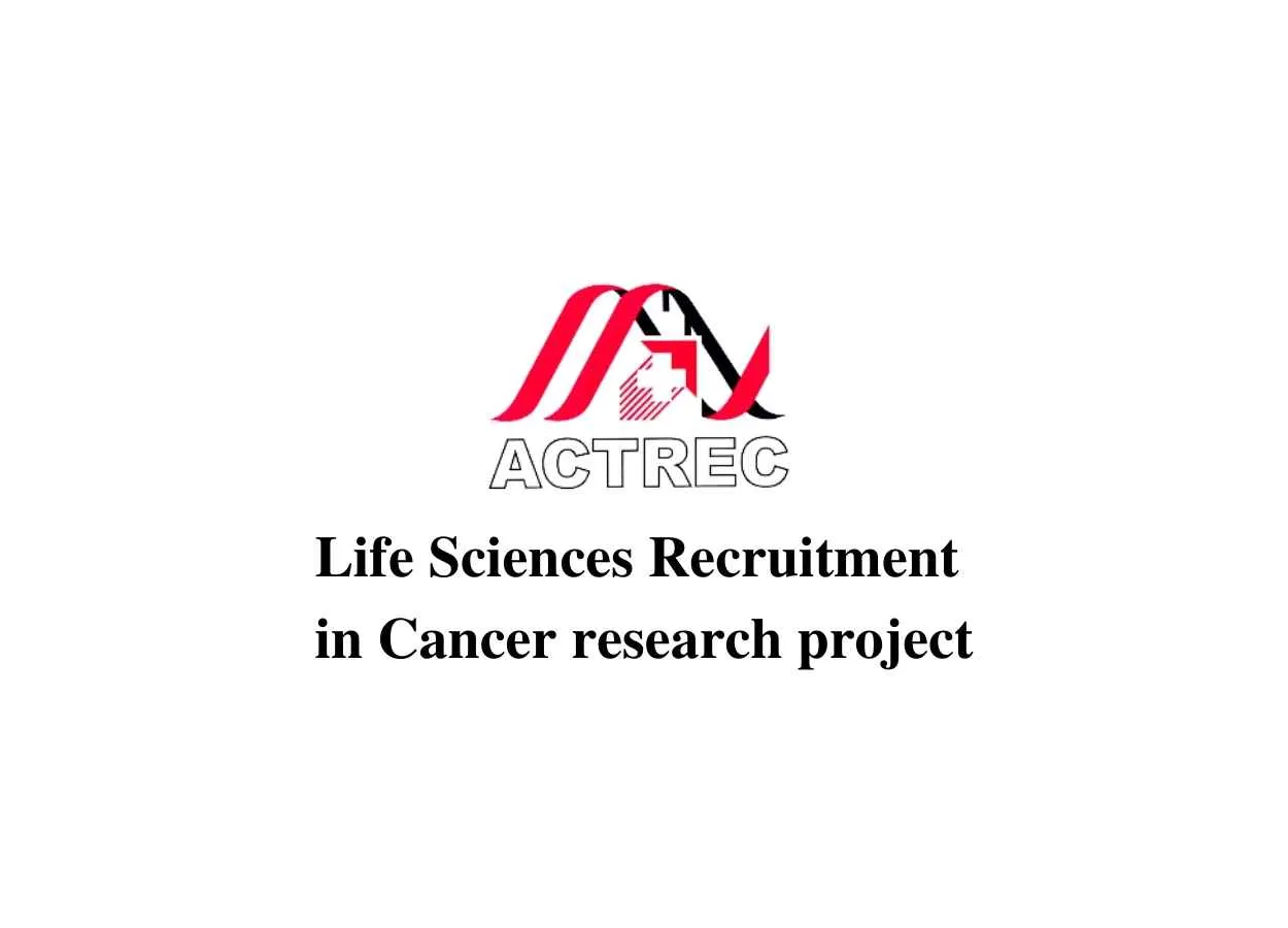 Life Sciences recruitment in Cancer research project at ACTREC
